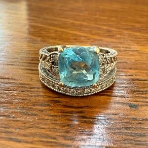 Vintage Blue Topaz & Diamond Bridal Set, 14k White Gold, Cushion Cut Gemstone